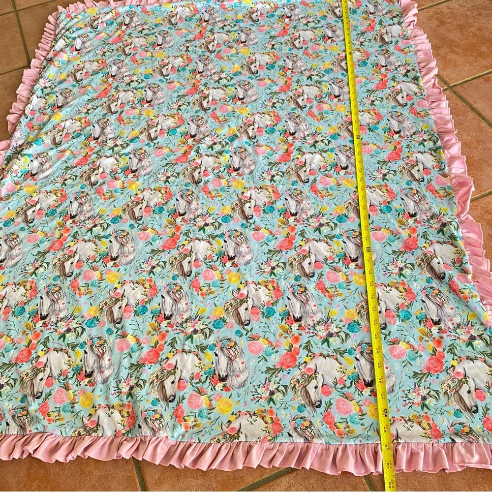 Whimsical Floral Horse Print Throw Blanket w/Solid Pink on the back side Ruffles